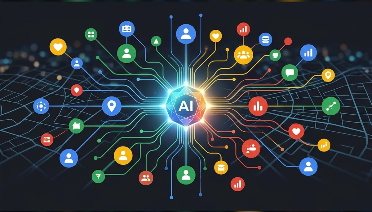 An abstract, high-tech illustration of an intricate digital map with a glowing AI core connecting floating nodes representing human experiences and data points.