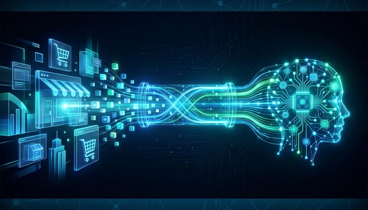 A futuristic digital conduit representing the Universal Commerce Protocol, connecting digital storefronts on the left to an AI brain interface on the right with flowing data