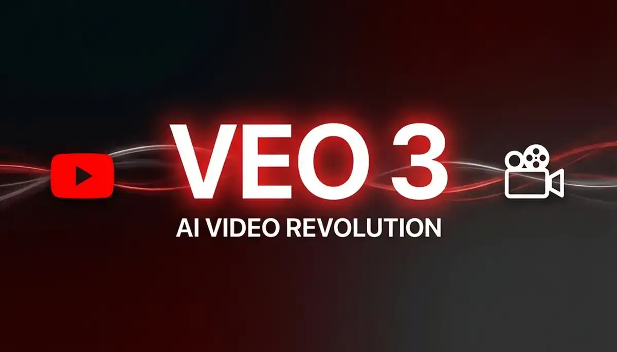 Bold VEO 3 text with AI VIDEO REVOLUTION label, YouTube play button on left and video camera icon on right, dark cinematic gradient background