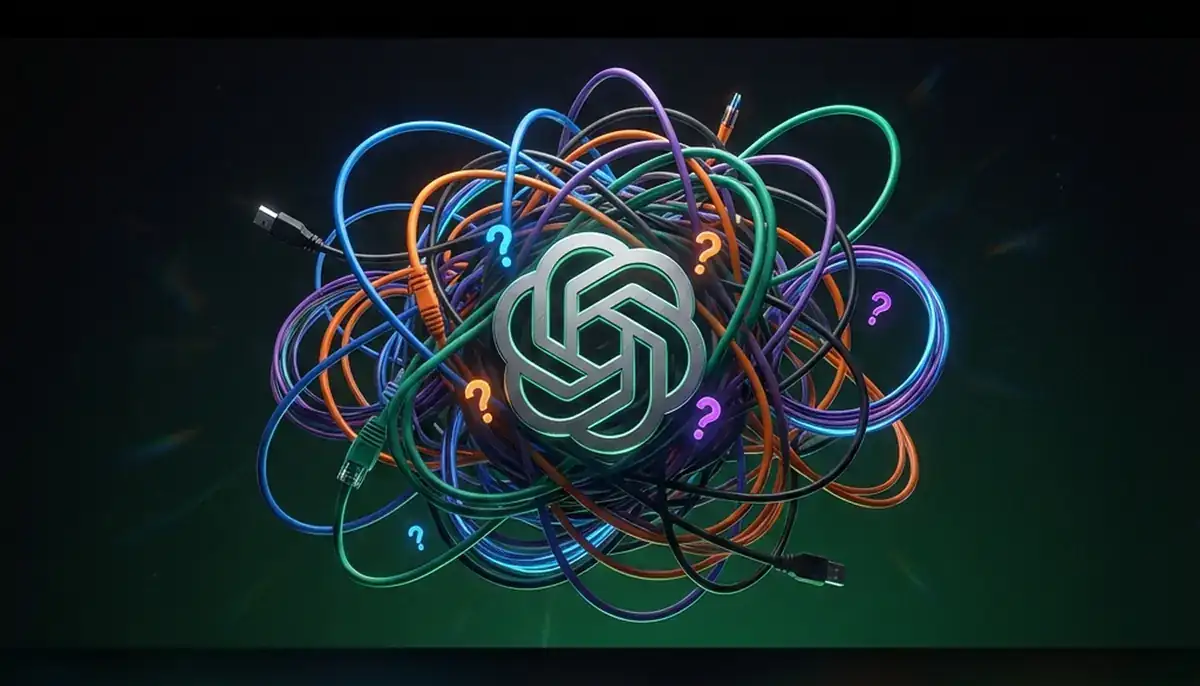 Tangled colorful cables with OpenAI logo in center surrounded by question marks, representing model naming confusion