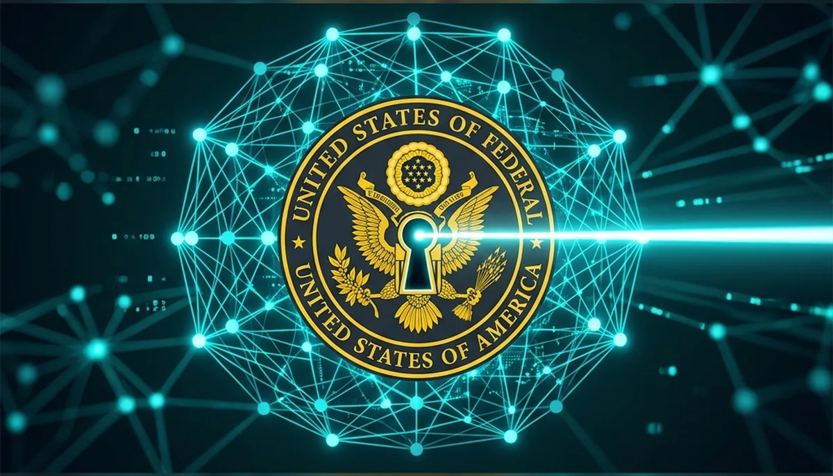 A locked federal government seal overlaying a glowing AI neural network, with a narrow single beam of light passing through a small keyhole to represent restricted access to a powerful new model.