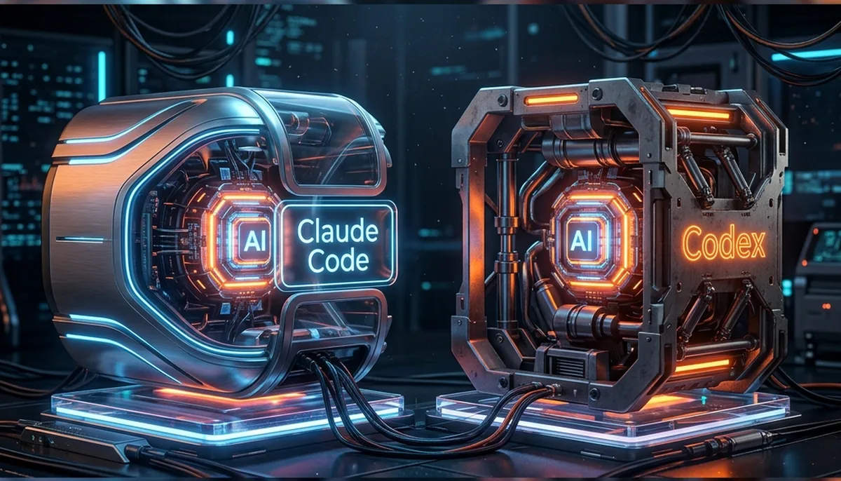 An identical AI model engine shown inside two different chassis, one labelled Claude Code and one labelled Codex, illustrating that the same model can perform differently depending on the tool driving it.