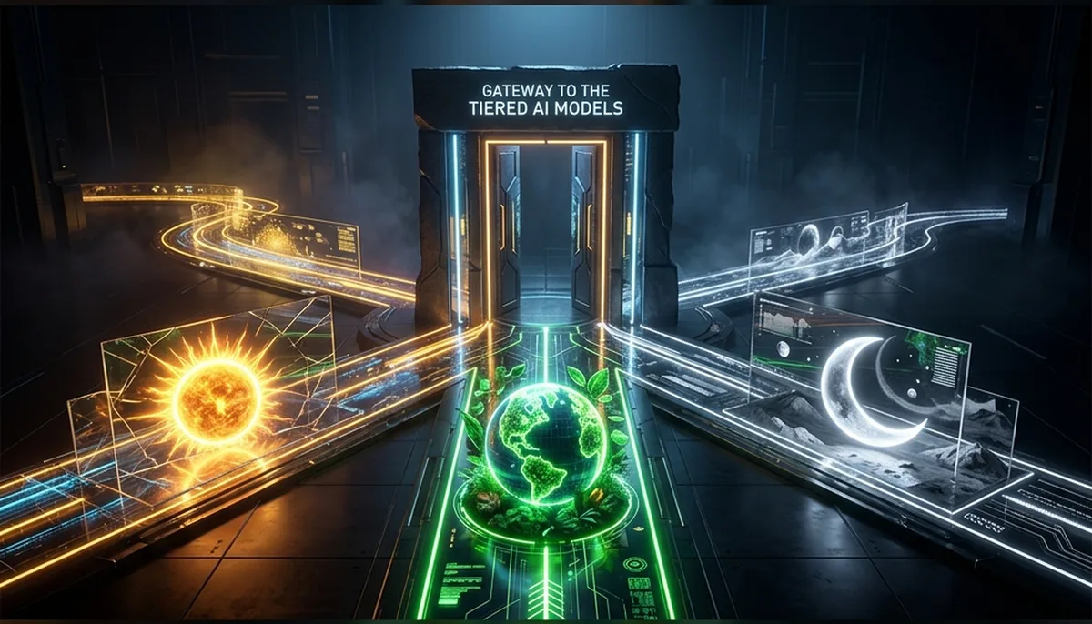 Three glowing pathways labelled with sun, earth and moon motifs branching from a single opening gateway, representing three tiers of AI model becoming generally available.