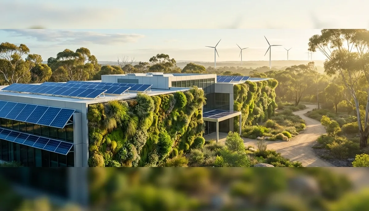 A modern sustainable data center with living green walls and solar panels integrated into an Australian landscape