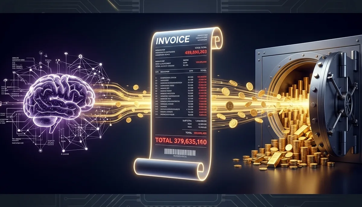 Dark cinematic visualization of an AI brain sending golden token streams through an impossibly long glowing invoice into an overflowing vault, representing runaway enterprise AI spending without limits