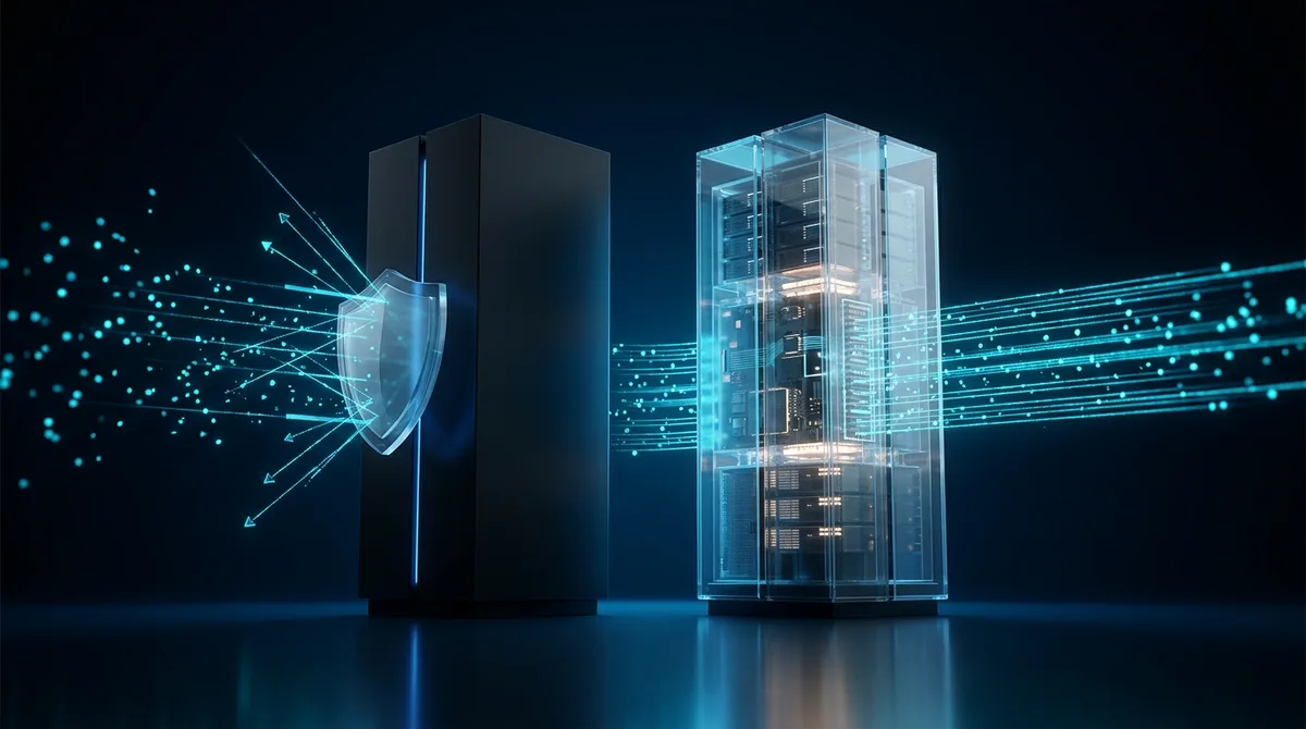 A sealed black server cabinet deflecting streams of glowing data with a shield, beside a transparent glass server rack that lets the same streams pass straight through to the hardware inside.