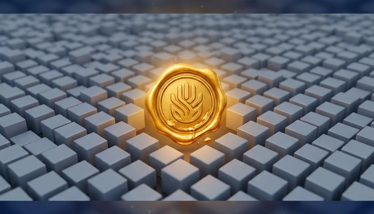 Golden artisan seal glowing with amber light centered amidst a sea of uniform grey digital blocks, symbolizing human authenticity in the AI era.