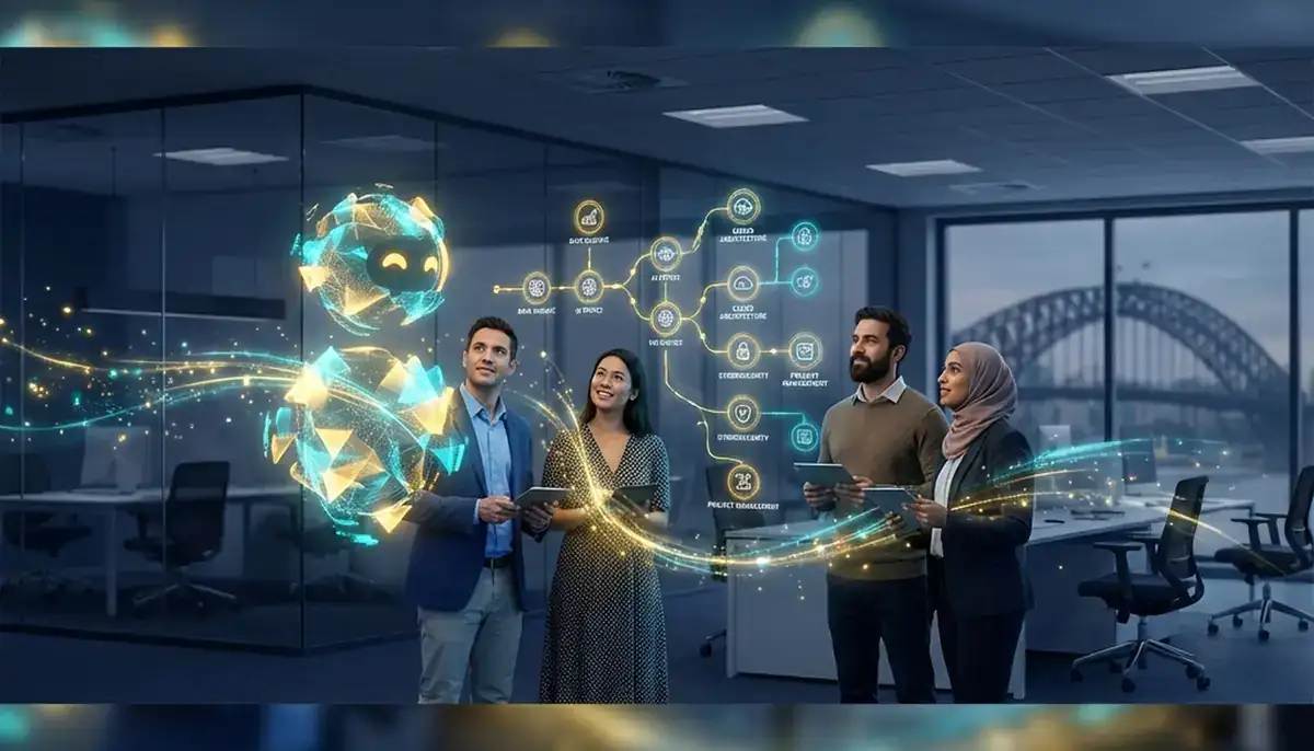 Futuristic 3D illustration of an AI tutor interface with glowing skill trees acting as a personalised guide for Australian professionals