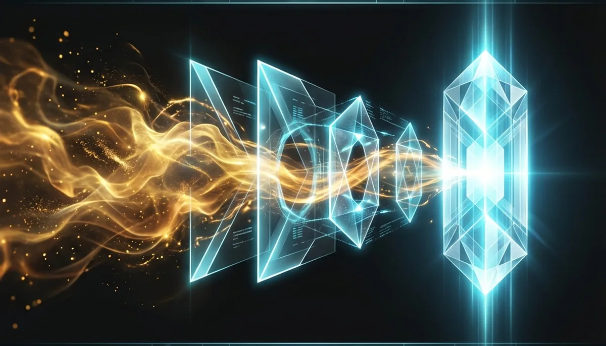 A premium tech illustration titled 'The Crystallization of Intent' showing messy ideas being transformed into structured specifications through a visual transformation process.