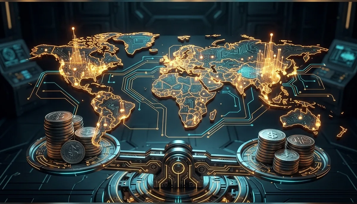A glowing circuit-board world map with a bright cluster of nodes over East Asia rising to the same height as clusters elsewhere, balanced on a set of scales against a stack of coins.