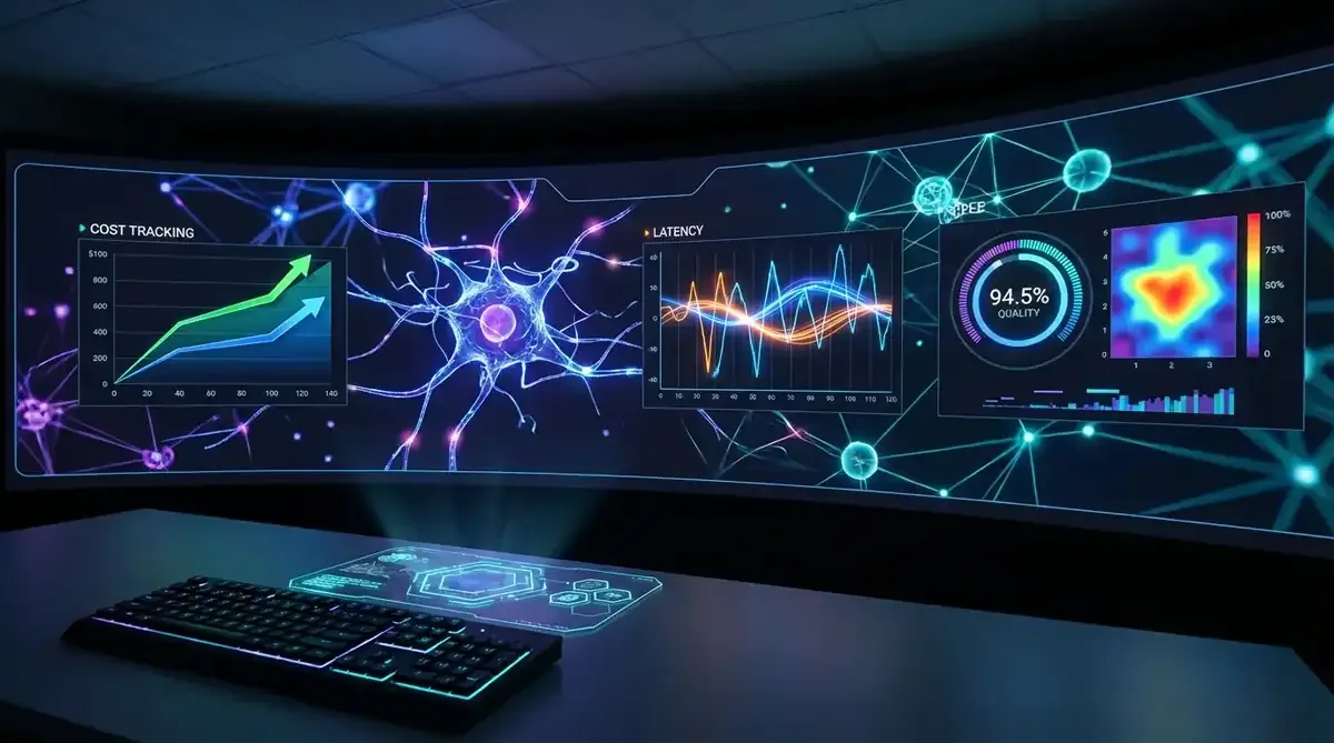 Modern operations dashboard for AI systems showing real-time monitoring metrics