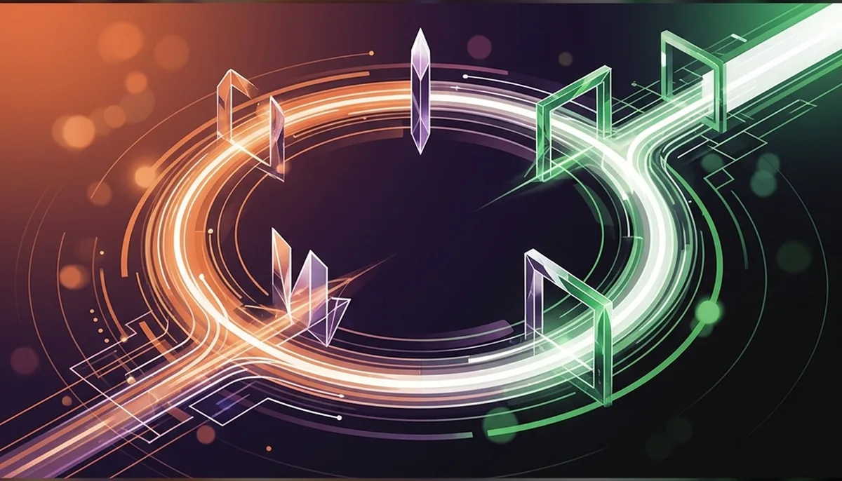An abstract, high-tech illustration representing an autonomous AI coding loop, with a continuous glowing pathway of light streams passing through crystalline checkpoints.