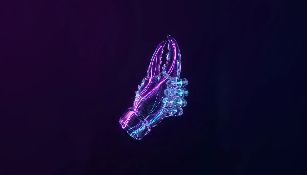 Surreal minimalist 3D glassmorphism art of a glowing lobster claw giving a thumbs-up gesture in a dark void, representing AI social approval.