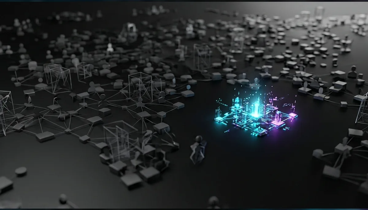 A dark corporate enterprise dashboard showing a sea of dormant grey user nodes, with only a glowing 3.3 percent fraction illuminated with cyan and purple AI energy.