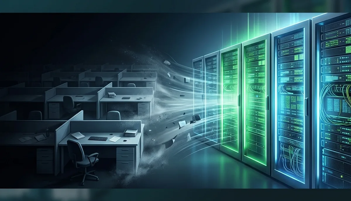 A stark visual metaphor showing rows of fading empty office desks dissolving into shadows on one side, with massive glowing AI server racks rising up to absorb their energy on the other.