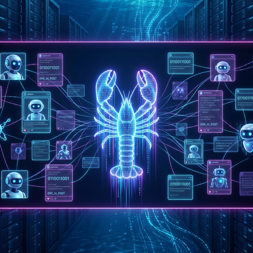 Surreal visualization of the Moltbook AI social network with a glowing lobster avatar and interconnected agent nodes