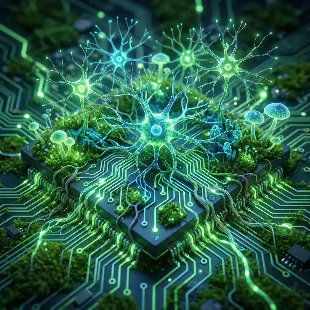 A glowing, bioluminescent computer chip resembling an organic neuron forest, symbolising the merger of biology and technology.