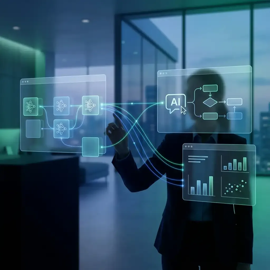 Abstract digital illustration showing interconnected automation workflows with visual programming nodes and AI symbols