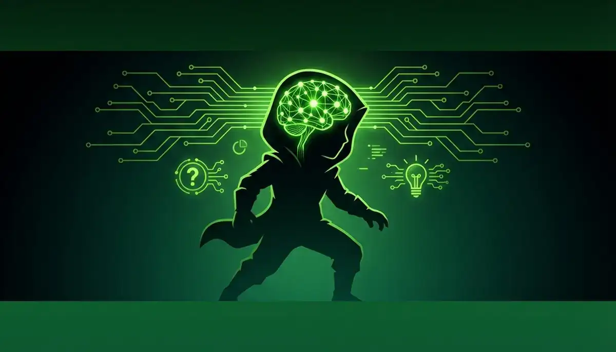 Game character silhouette with glowing neural network brain and decision-making icons, NVIDIA green accents