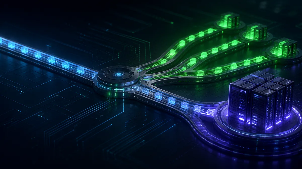 Glowing data packets passing through a central switch and branching towards several AI model servers.