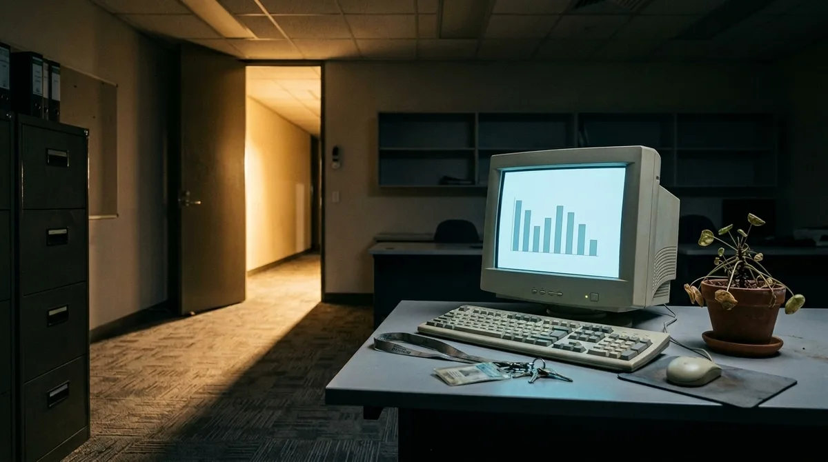 An old beige government computer terminal on an empty office desk after hours, its screen showing a plain bar chart of health statistics, with the office door ajar and corridor light spilling across the carpet.