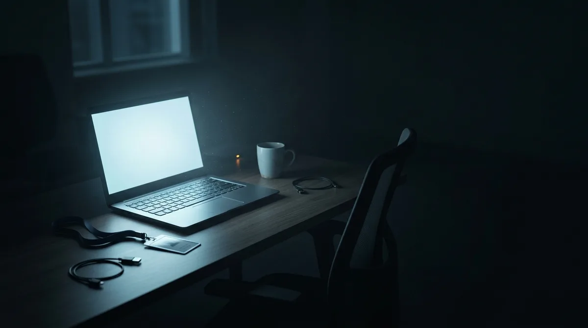 An empty office desk late at night. A laptop is still switched on, its screen the only light in the room, with an employee ID badge on a lanyard left flat on the desk beside it and the chair pushed back.