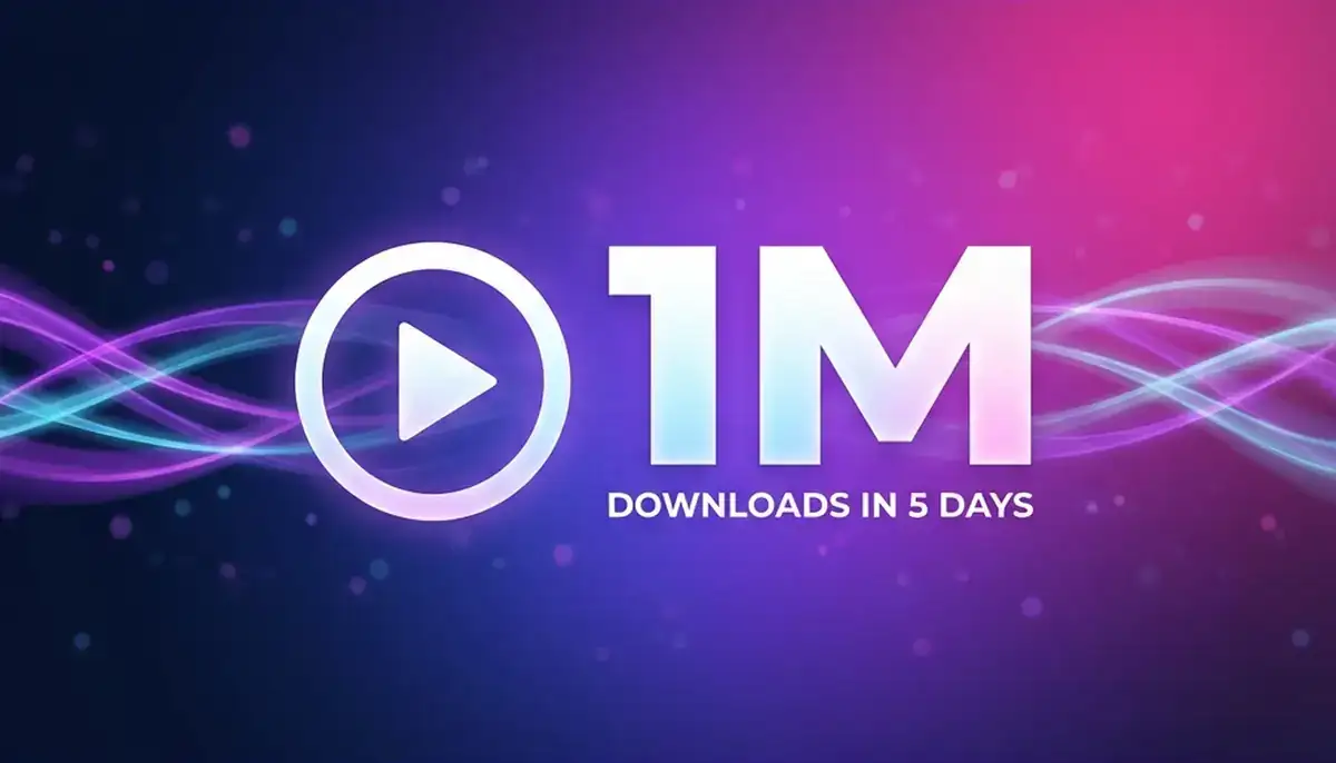 Bold 1M text at center surrounded by floating video frames showing AI-generated content, with Sora app icon and timeline elements depicting explosive growth