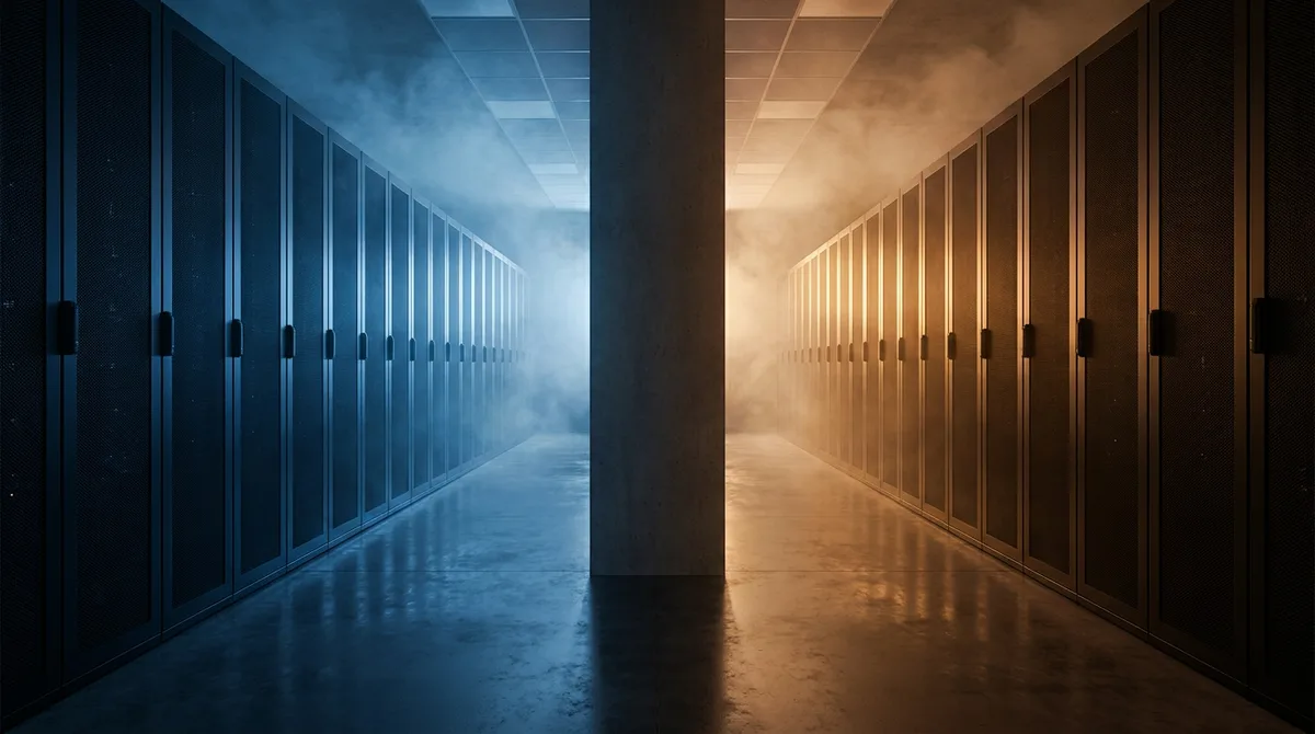Two identical data centre corridors meeting at a central concrete pillar, the left one lit cold blue and the right one warm amber. Both are lined with the same unmarked black server cabinets receding to a vanishing point through faint haze.