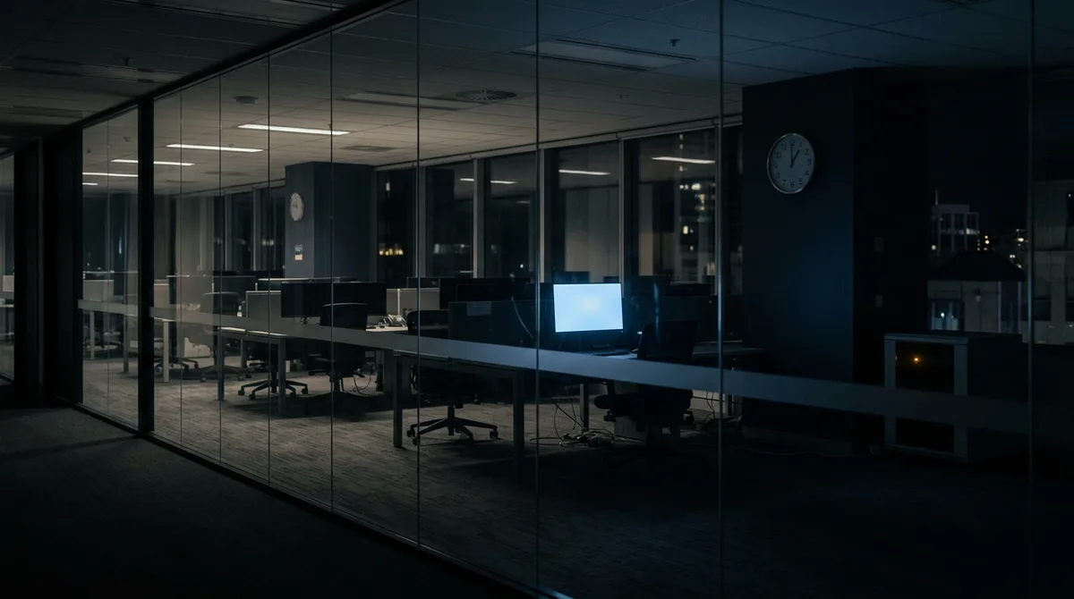 A dark open-plan government office at one in the morning, seen through a glass partition, with one monitor still glowing pale blue on an empty desk, a wall clock showing one o'clock and a single amber light on a server cabinet by the window.