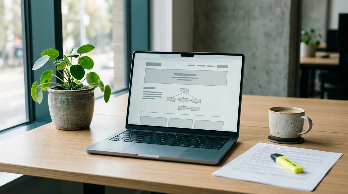 A laptop on a timber desk showing a web page with a simple flowchart, beside a potted plant, a cup of coffee and a printed page with a yellow highlighter.