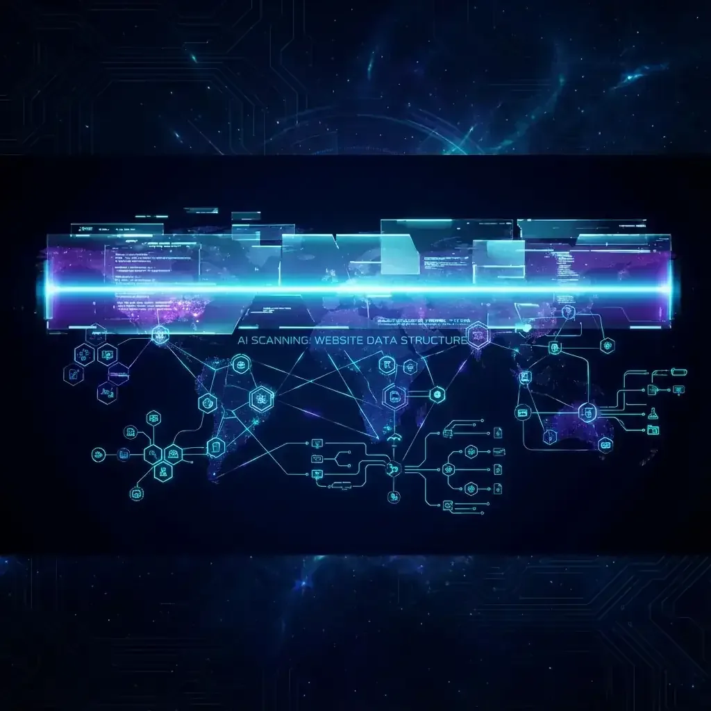 Futuristic AI scanner beam analysing a floating web interface, revealing structured data nodes and schema connections in neon blue cyber-tech style