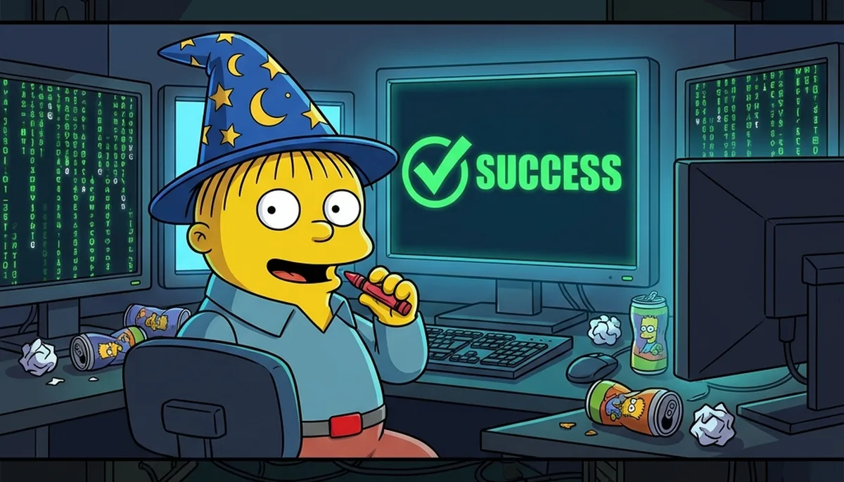 Cartoon illustration of Ralph Wiggum in a wizard hat eating a crayon while sitting at a computer desk where monitors display a green 'SUCCESS' screen and running code.