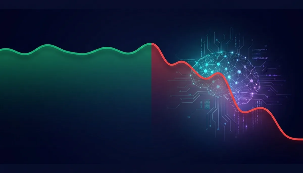 A line chart showing stable green rankings suddenly dropping to red after an AI inflection point, with glowing neural network patterns emerging behind the decline