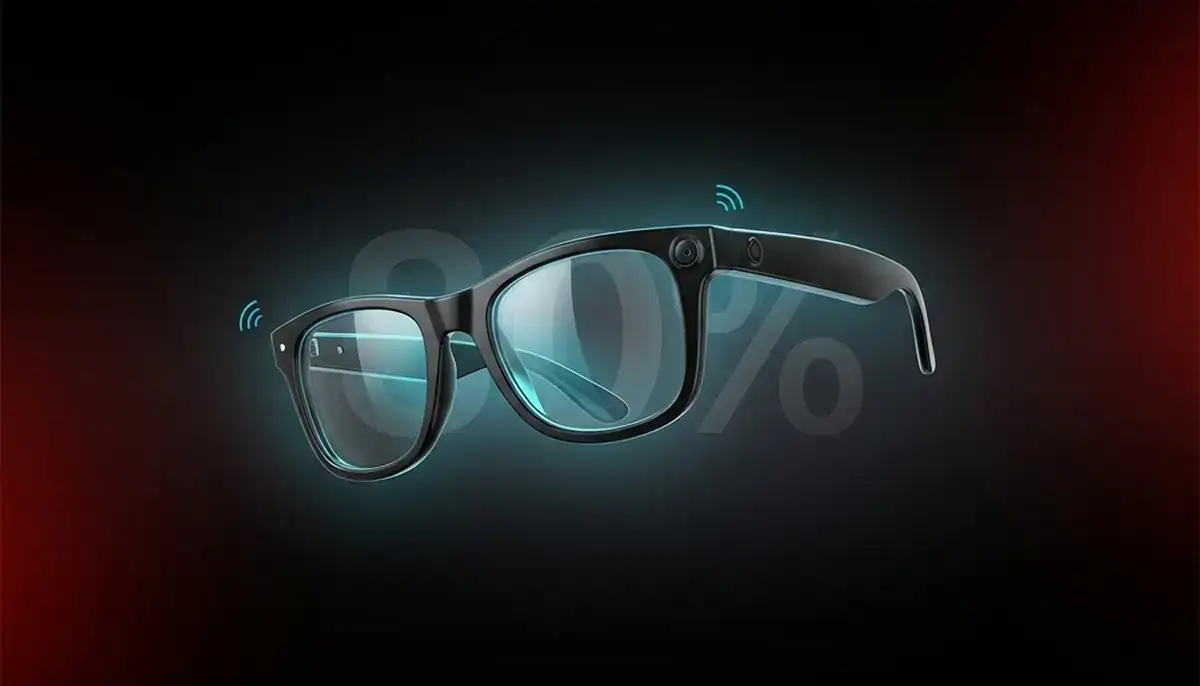 Premium Wayfarer-style smart glasses with thick black frames floating against dark gradient background with subtle tech glow highlighting camera and audio features