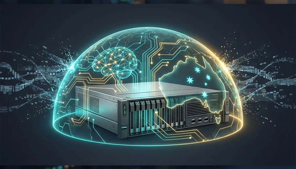 A secure server unit glowing with teal and gold neural patterns inside a protective digital dome, featuring a subtle Australian map silhouette, representing local AI data sovereignty.