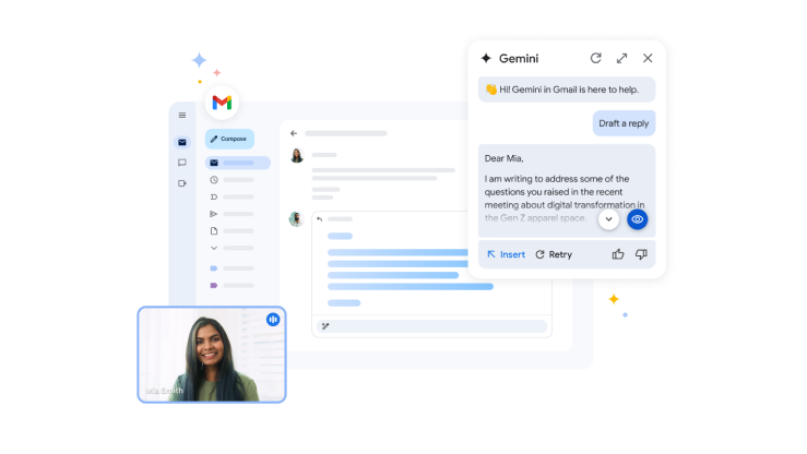 Google Workspace with Gemini AI integration showing AI-powered features across Gmail, Docs, Sheets, and Slides