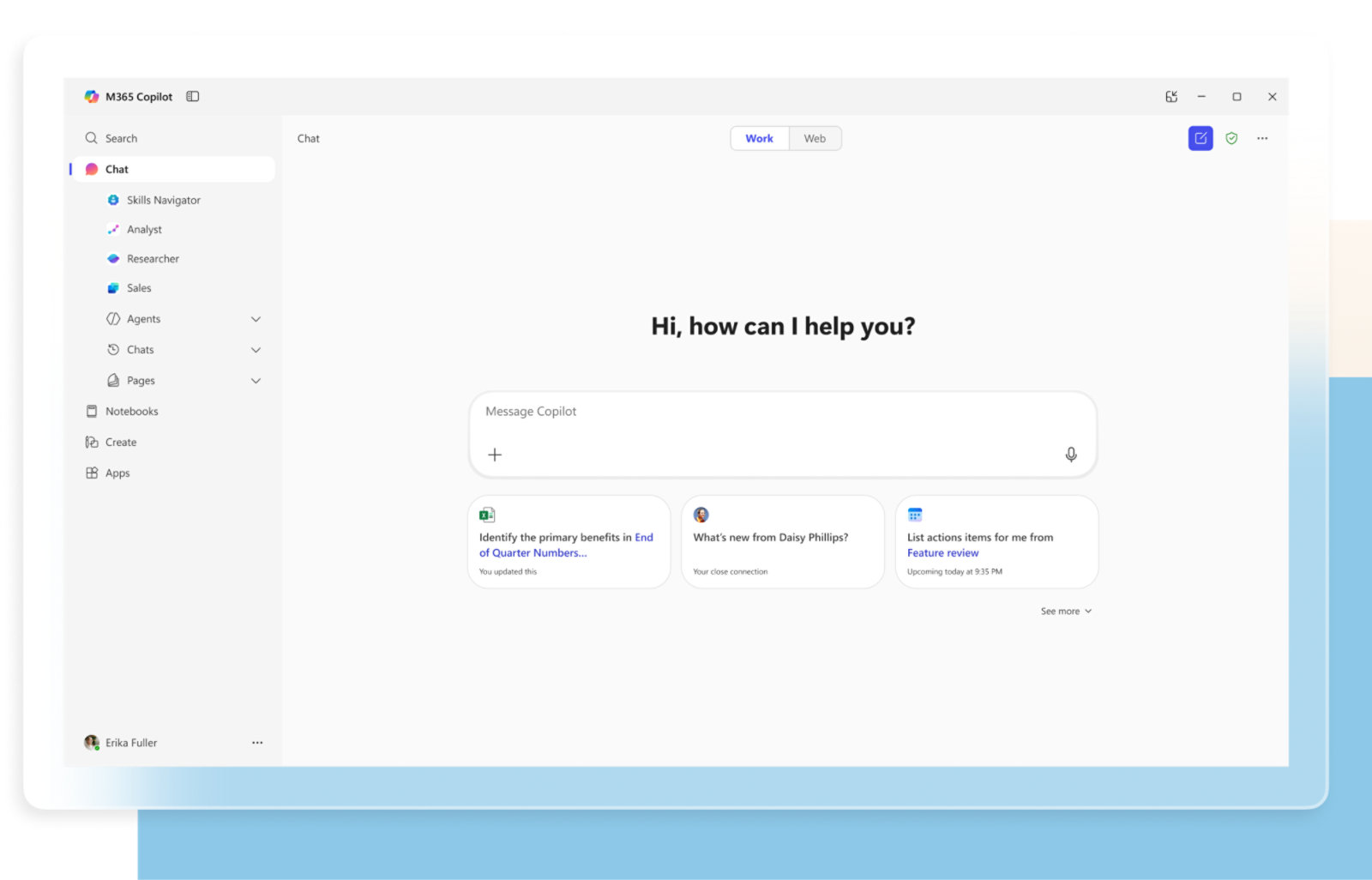 Microsoft 365 Copilot chat interface showing AI assistant integrated across Office applications