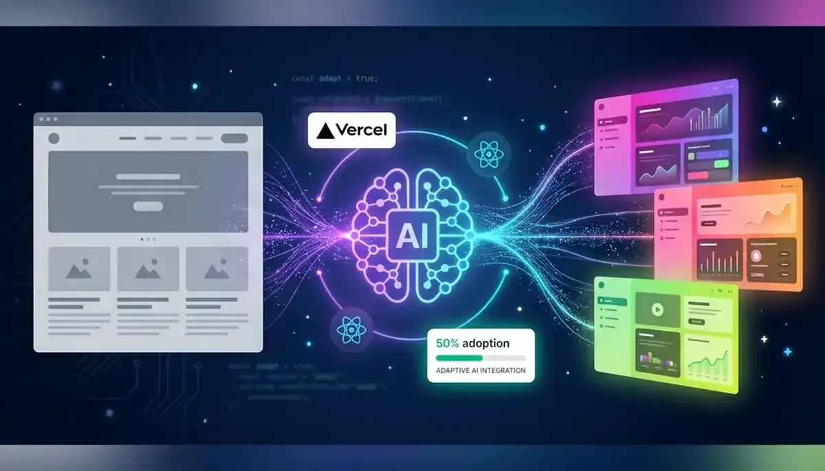Abstract visualization showing AI-powered interface transformation from static gray website on left through glowing neural network center to multiple colorful adaptive UI variations on right