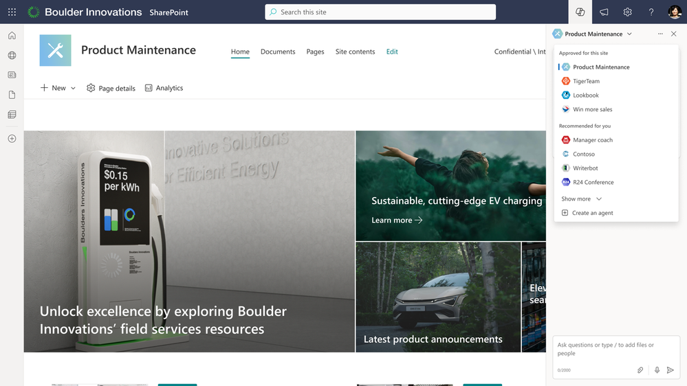 The SharePoint Agents panel in a real tenant, showing site-scoped agents available to staff alongside the Create an agent option
