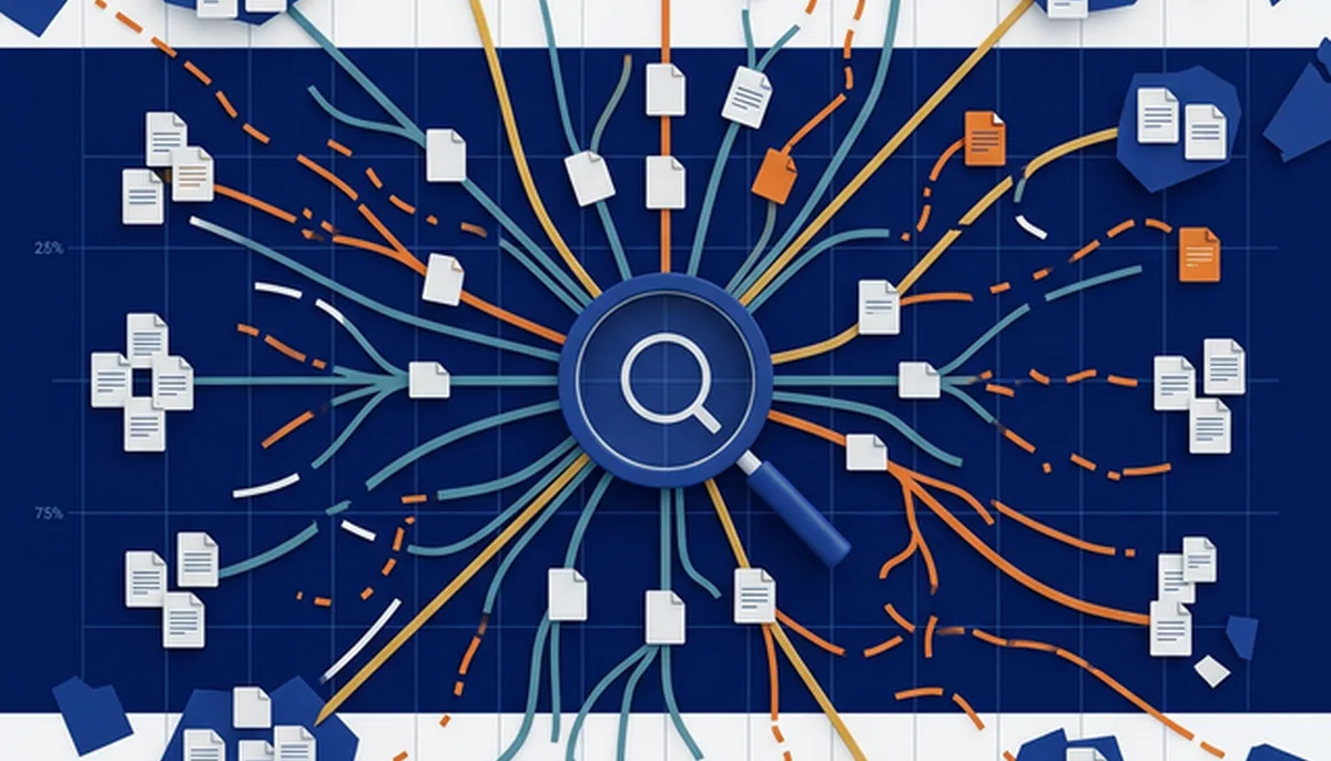 Abstract 3D illustration of a chaotic document ecosystem with tangled pathways and orphaned content nodes, radiating from a broken central search hub, against a deep blue enterprise technology background.