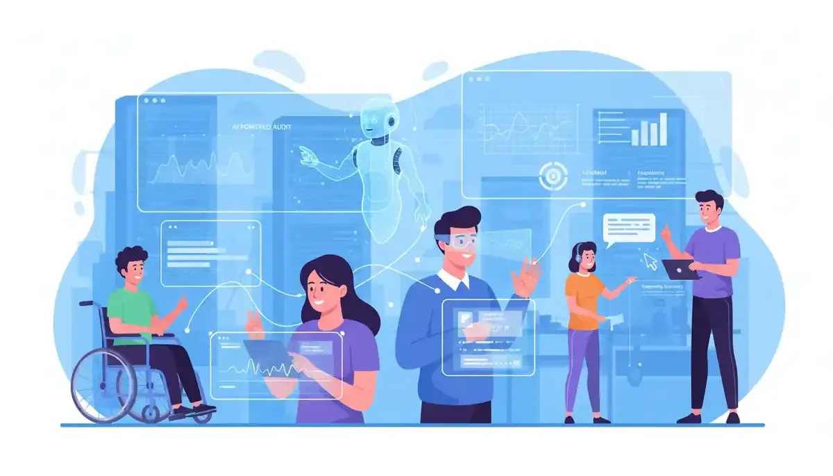 Digital illustration of a SharePoint content editor interface with accessibility check indicators and WCAG compliance markers highlighted