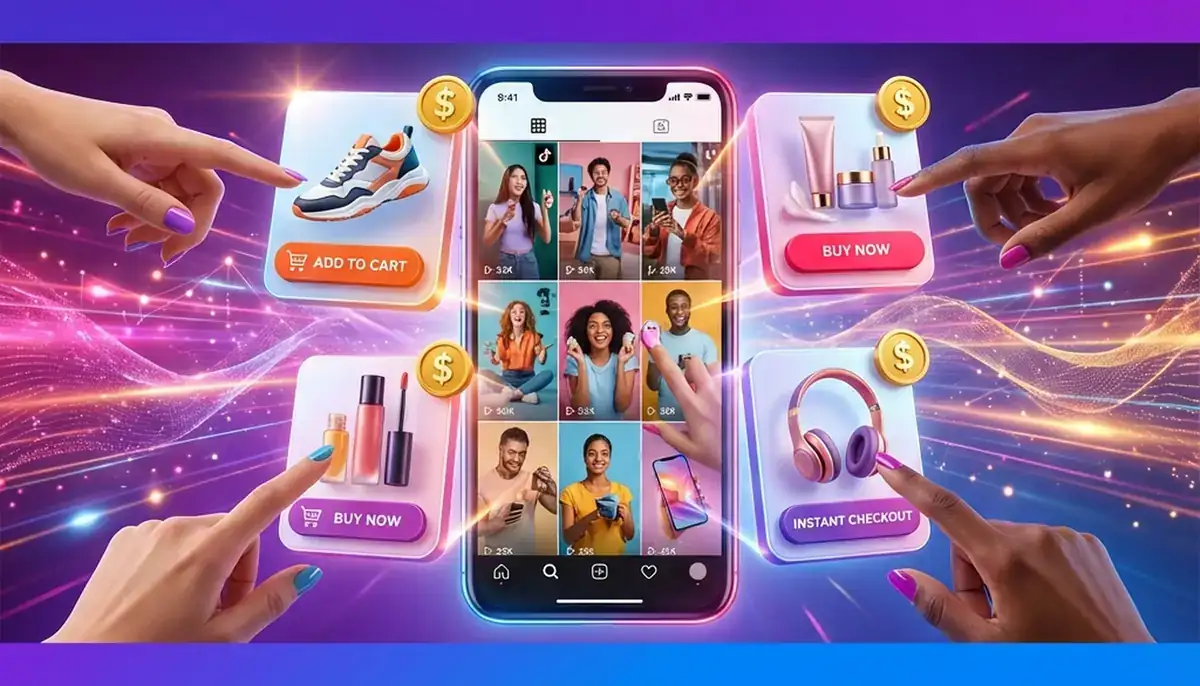 Vibrant 3D visualization of social commerce with smartphone displaying shoppable products and shopping cart icons