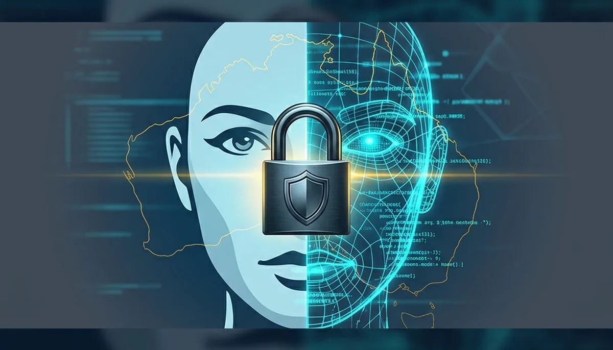 A stylized face silhouette with one half natural and the other half a glowing digital grid, locked by a dark steel padlock with a shield emblem, representing personal identity protection