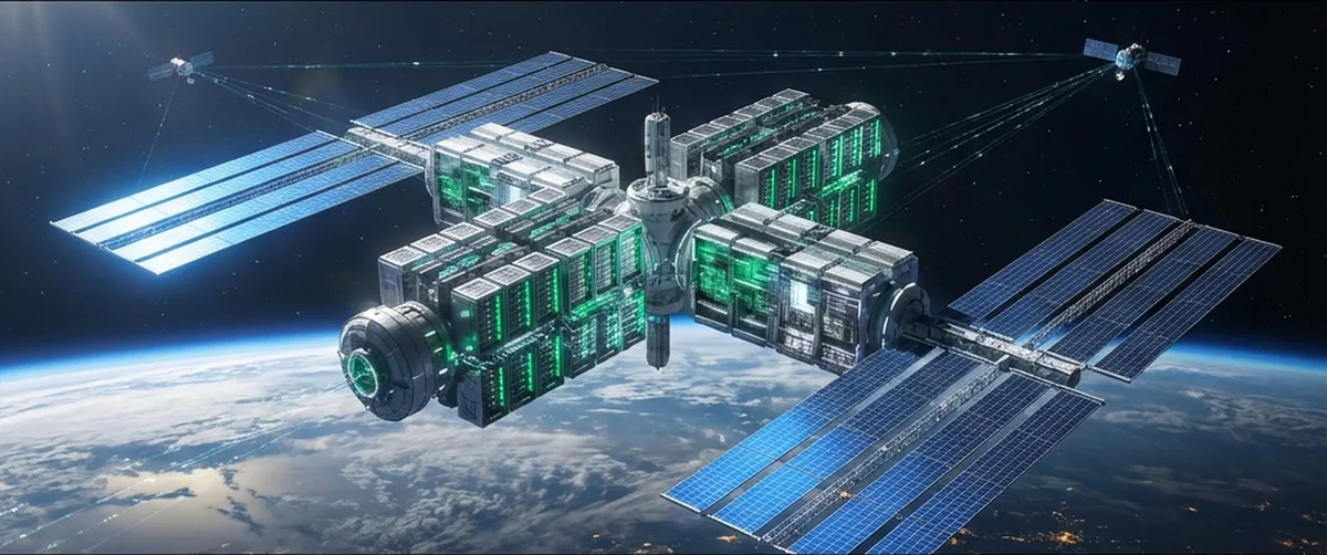 Futuristic orbital data center with solar arrays floating in space above Earth