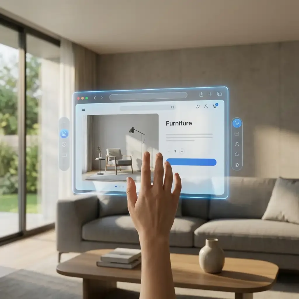 Person's hand reaching toward floating translucent website interface in modern living room with holographic blue AR elements