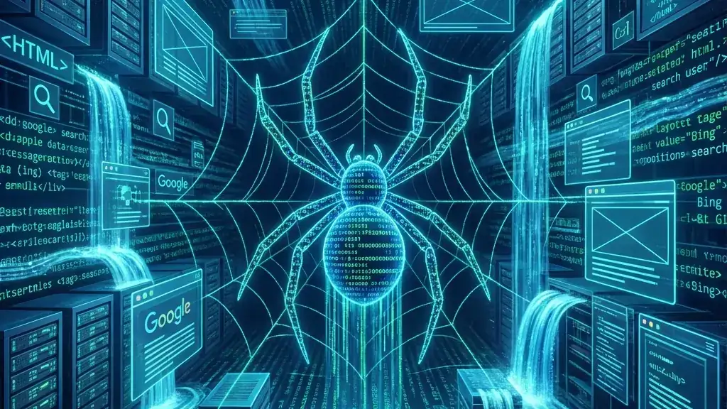 Glowing digital spider weaving a data web between search results and server racks, representing AI crawlers coordinating across the web