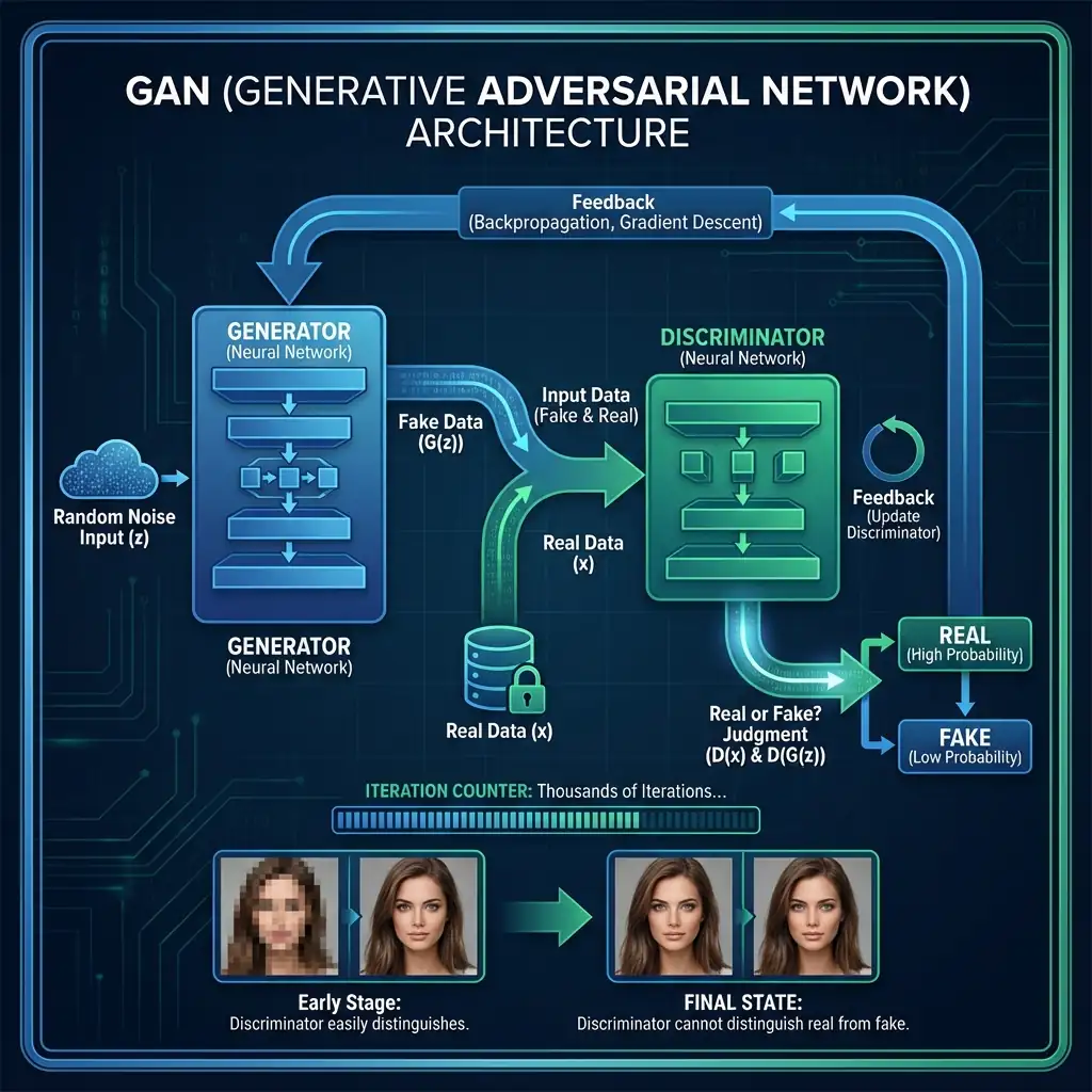 GAN architecture diagram showing the Generator and Discriminator neural networks in competition, creating synthetic data through iterative training