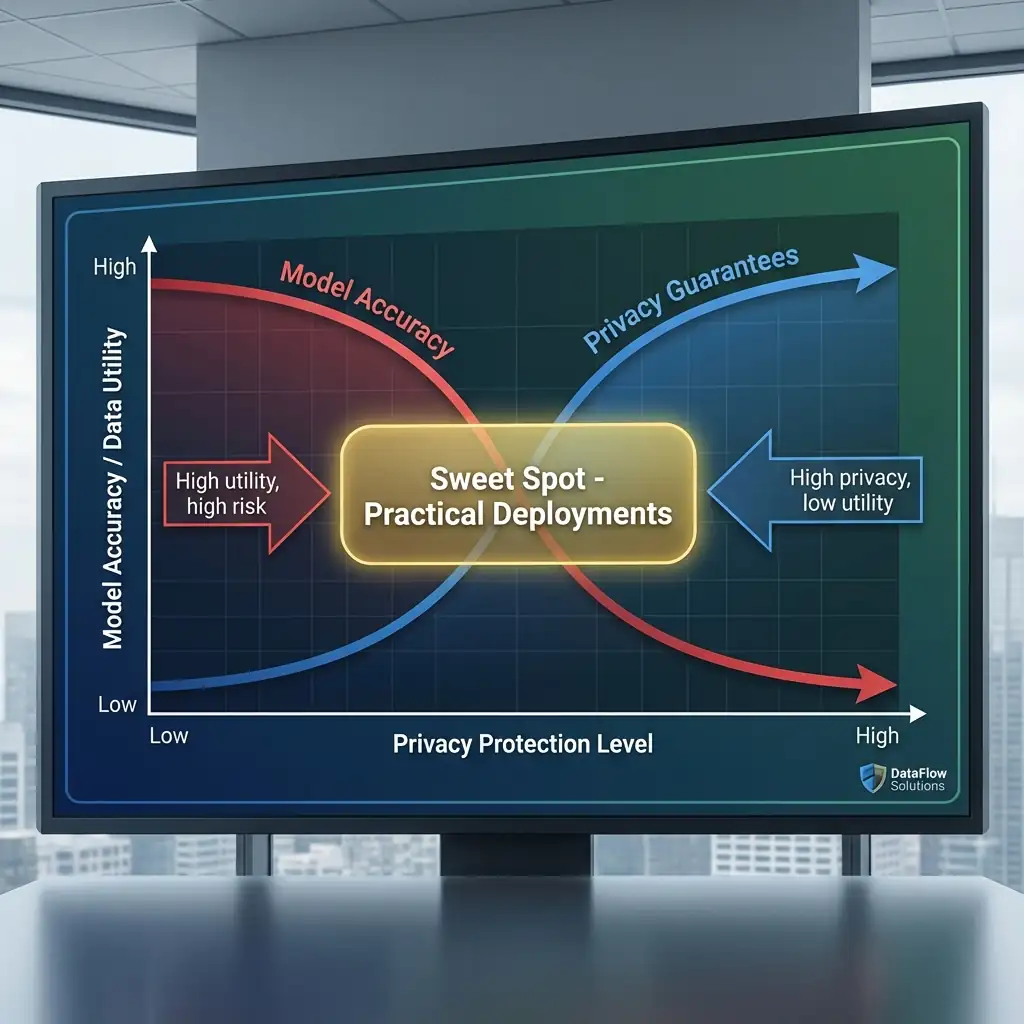 Privacy-utility trade-off chart showing the inverse relationship between privacy protection and model accuracy, with a sweet spot for practical deployments