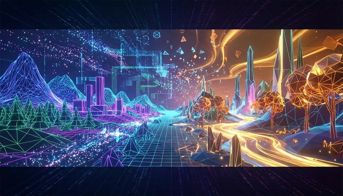 Digital landscape emerging from wireframe mesh transforming into a vibrant 3D procedurally generated world