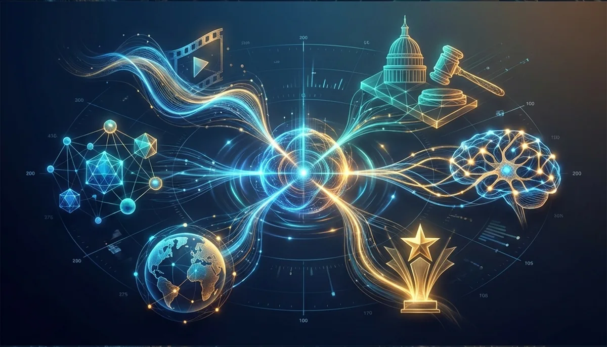 Weekly AI news roundup illustration showing interconnected news topics from December 2025